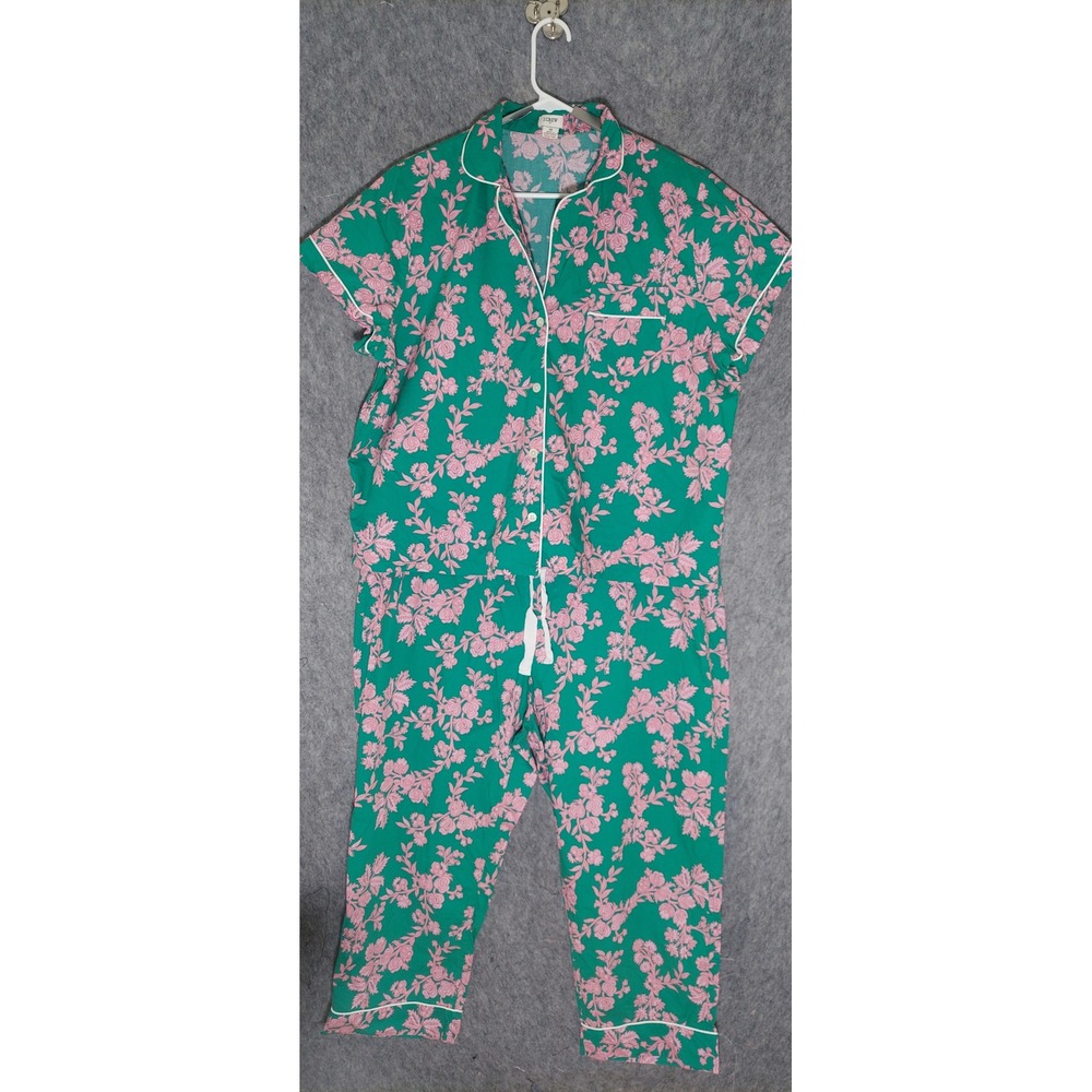 J.Crew Women Cotton Pajama Set 2X Green Pink Floral Preppy Short Sleeve ButtonUp